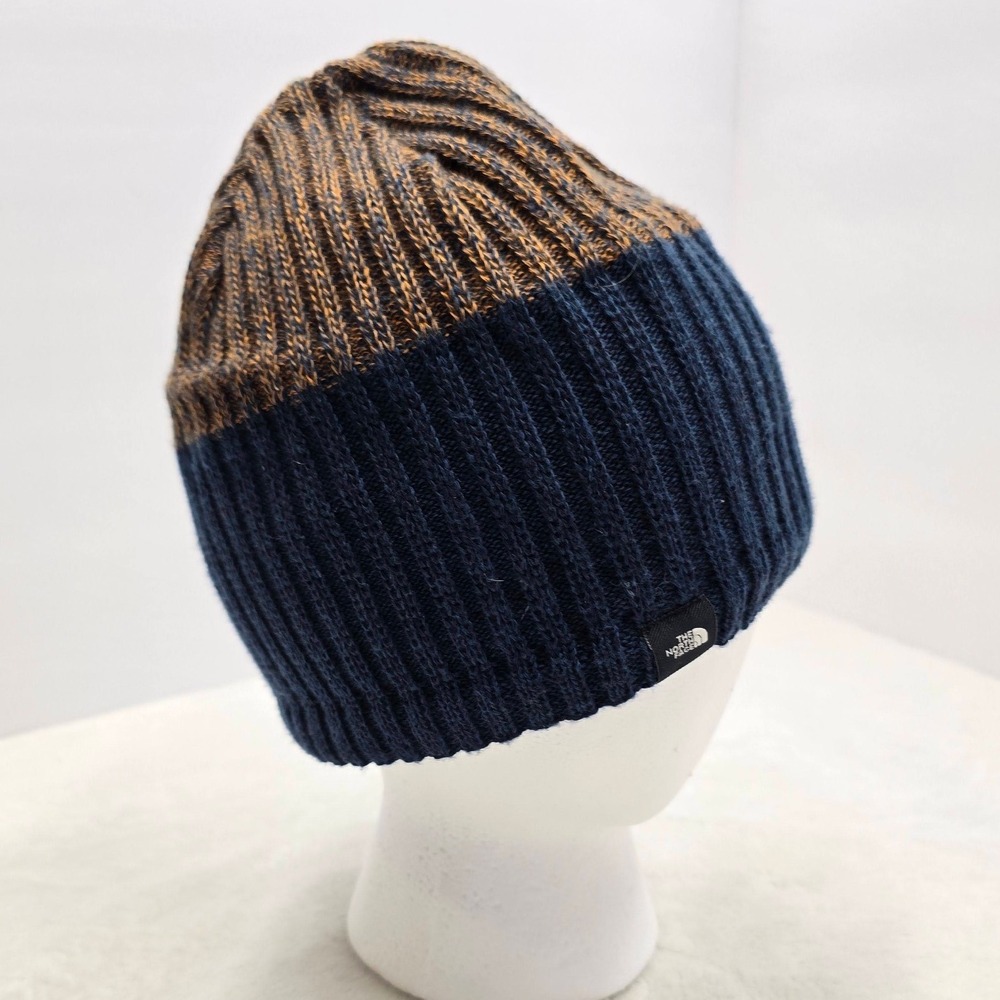 The North Face Ribbed Knit Beanie Hat Colorblock Gorpcore Navy Brown OS Unisex